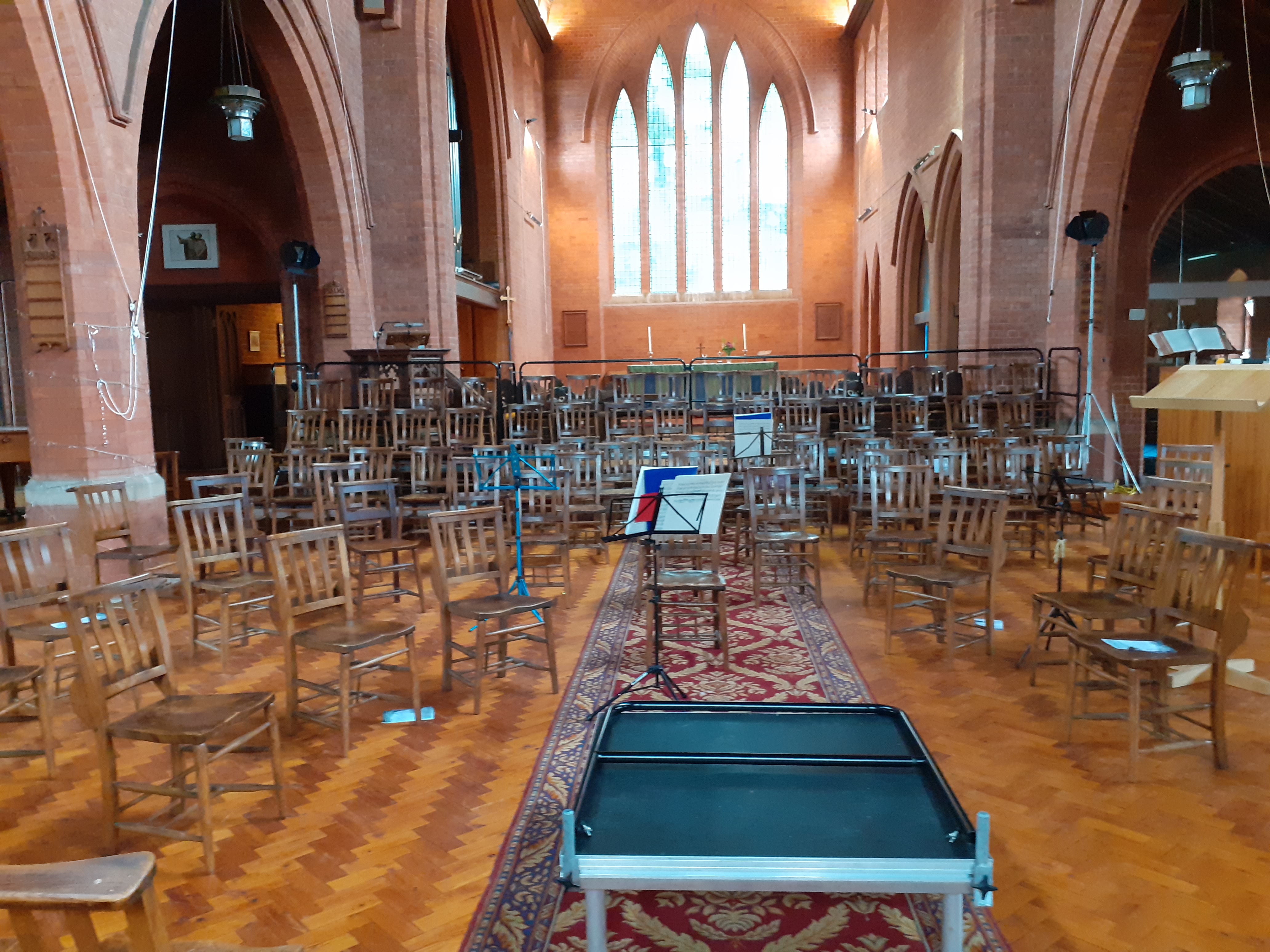 Church set up with chairs and staging